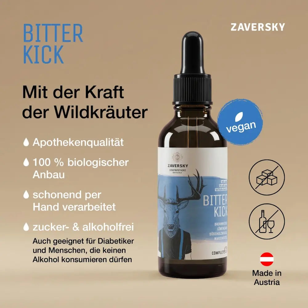 Zaversky Bitter Kick Wildkräuter-Tropfen in Braunglasflasche mit Pipette, vegan, zucker- und alkoholfrei, Made in Austria