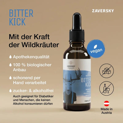 Zaversky Bitter Kick Wildkräuter-Tropfen in Braunglasflasche mit Pipette, vegan, zucker- und alkoholfrei, Made in Austria