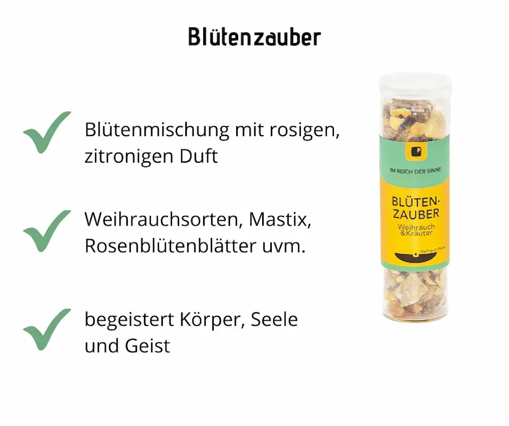 Infografik zu Blütenzauber Weihrauch & Kräuter in transparenter Dose mit grün-gelbem Etikett, mit drei Vorteilen zu Duft, Inhaltsstoffen und Wirkung auf Körper, Seele und Geist.