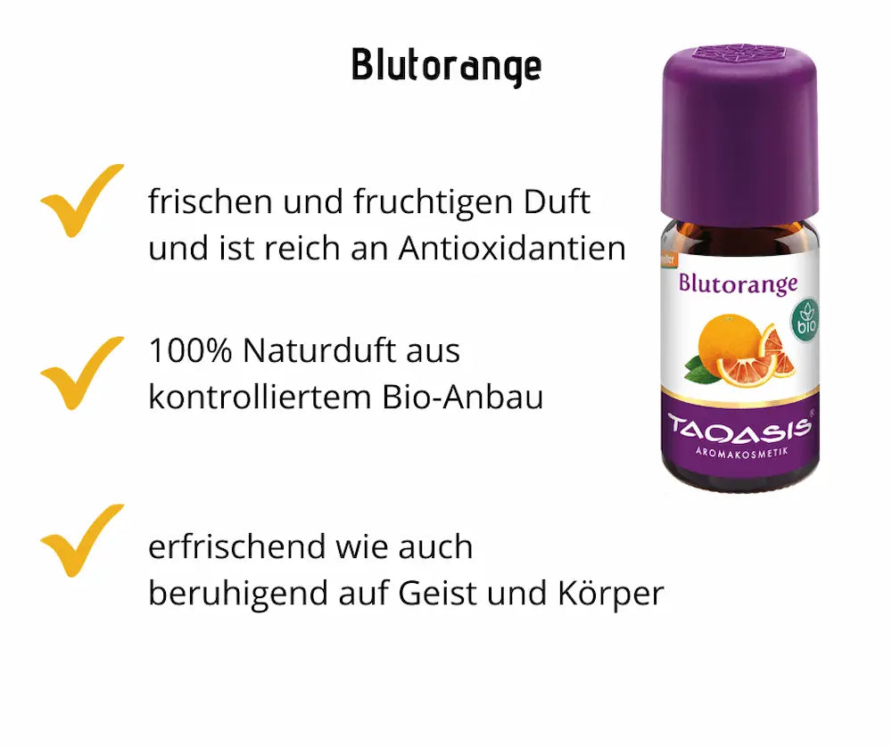 Taoasis Blutorange Naturduft in brauner Flasche mit lila Deckel, Infografik zu frischem Duft, Bio-Anbau und beruhigender Wirkung