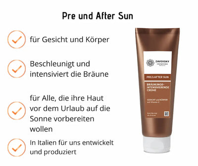 Zaversky Pre&After Sun bräunungsintensivierende Creme in brauner Tube, Infografik mit Vorteilen für Gesicht und Körper