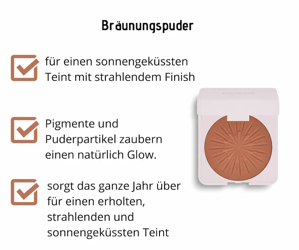 Bräunungspuder von Dolomia in rosafarbener Dose mit bronzefarbenem Puder und Sonnenstrahl-Prägung, Infografik mit Produktmerkmalen