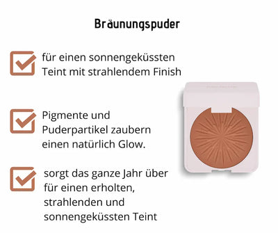 Bräunungspuder von Dolomia in rosafarbener Dose mit bronzefarbenem Puder und Sonnenstrahl-Prägung, Infografik mit Produktmerkmalen