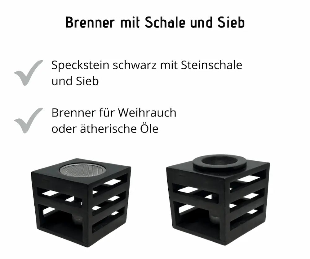 Schwarzer Speckstein-Brenner in Würfelform mit Gitterseiten, dazu Steinschale und Sieb für Weihrauch oder ätherische Öle, Infografik