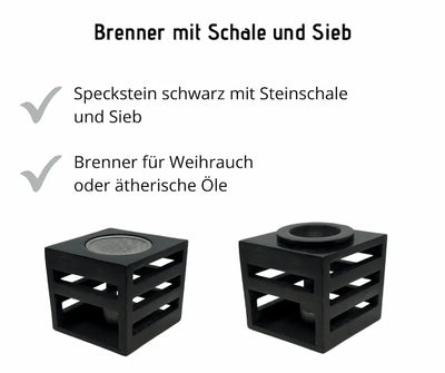 Schwarzer Speckstein-Brenner in Würfelform mit Gitterseiten, dazu Steinschale und Sieb für Weihrauch oder ätherische Öle, Infografik