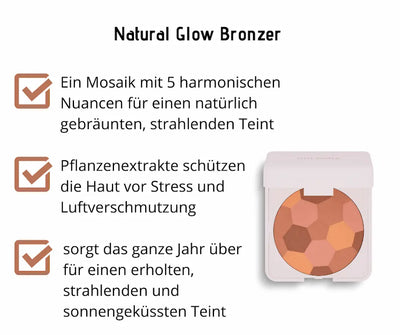 Natural Glow Bronzer von Dolomia in heller Kompaktdose mit Mosaikmuster in fünf Brauntönen, Infografik mit drei Produktvorteilen