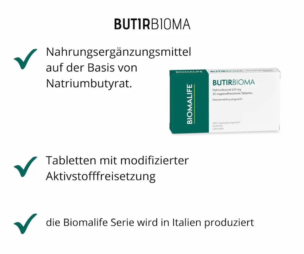 BUTIRBIOMA Nahrungsergänzungsmittel von Biomalife mit Natriumbutyrat 625 mg, 30 magensaftresistente Tabletten, glutenfrei und laktosefrei