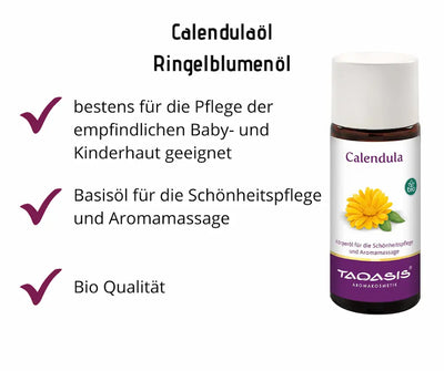 Taoasis Calendula Ringelblumenöl in brauner Glasflasche mit weißem Deckel, Infografik mit Vorteilen wie Babypflege, Schönheitspflege und Bio-Qualität