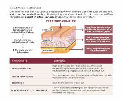 Infografik zum Ceramide-Komplex mit Hautschichten-Querschnitt und Tabelle der Aktivstoffe wie Phytosphingosin und Ceramide 3