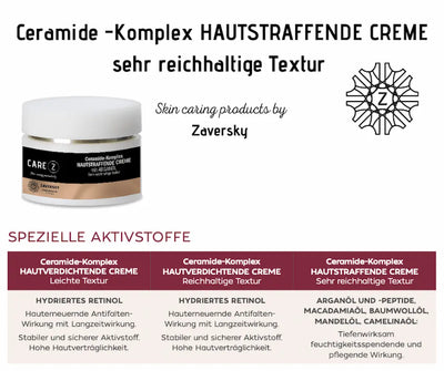 CARE Z Ceramide-Komplex Hautstraffende Creme von Zaversky, weißer Tiegel mit Infografik zu speziellen Aktivstoffen und Texturen