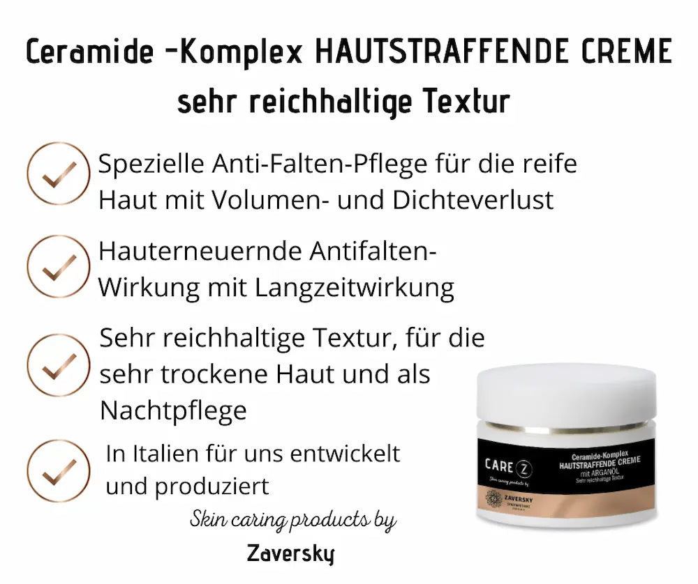CARE Z Hautstraffende Creme von Zaversky im Tiegel, Infografik mit vier Vorteilen wie Anti-Falten-Pflege und reichhaltiger Textur