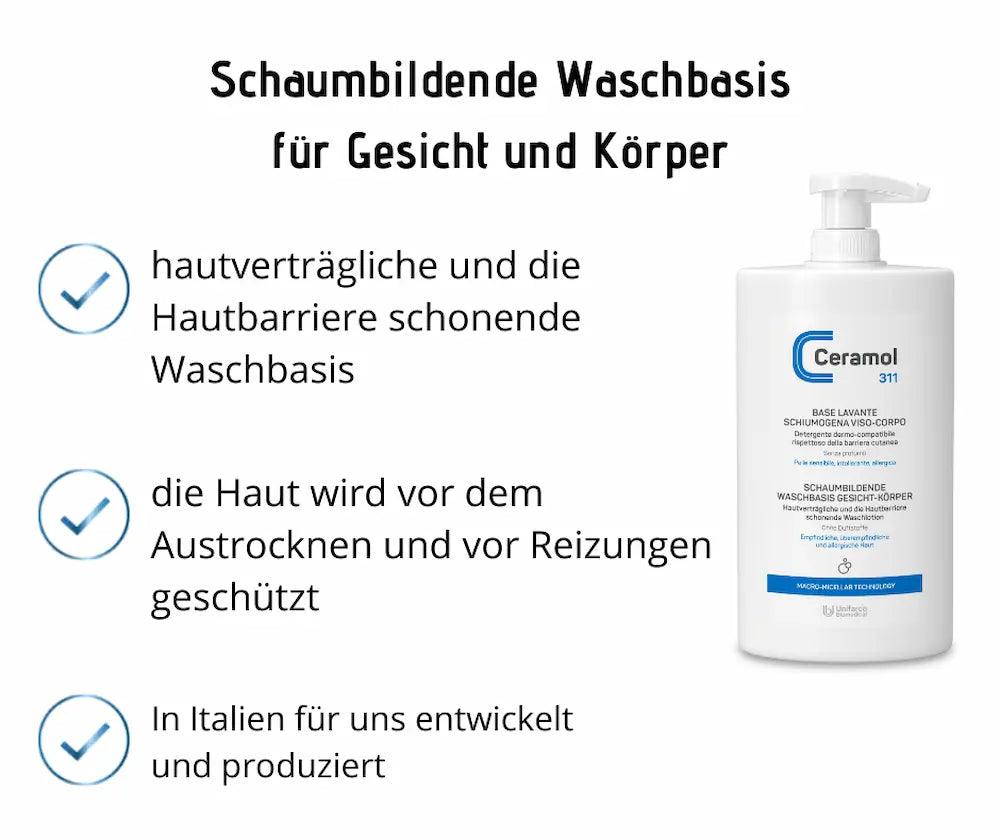 Ceramol 311 schaumbildende Waschbasis für Gesicht und Körper in weißer Pumpflasche mit Produktmerkmalen als Infografik
