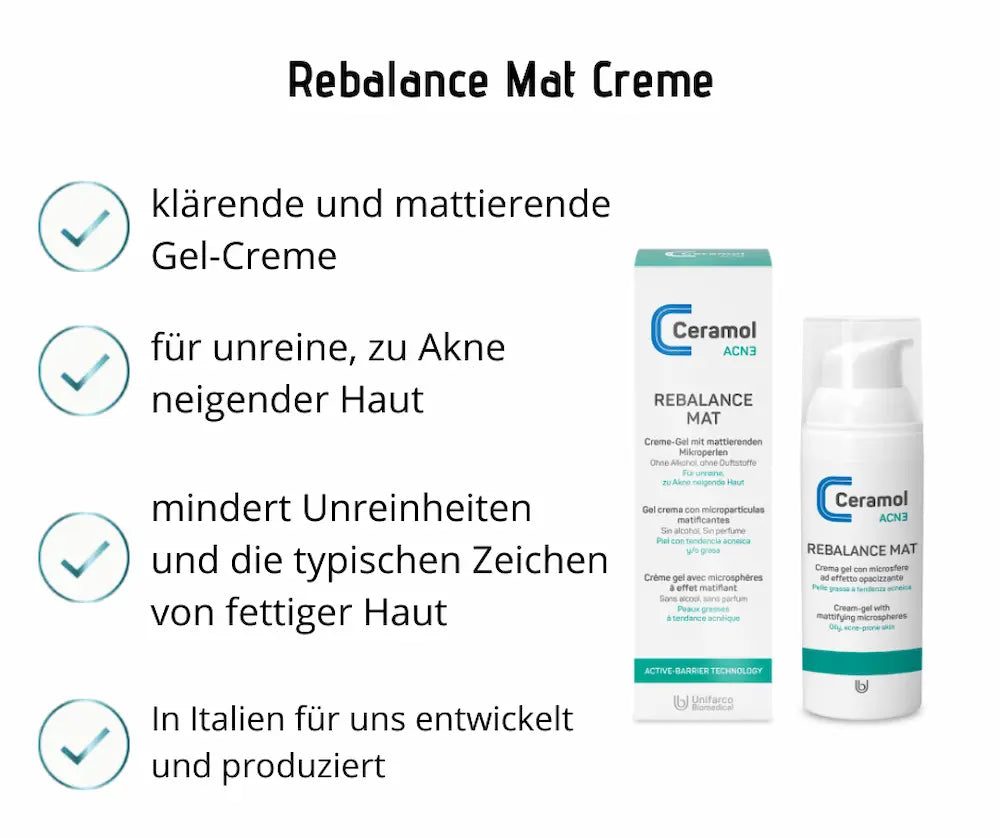 Infografik zur Ceramol ACN3 Rebalance Mat Gel-Creme für unreine, zu Akne neigende Haut, mit Faltschachtel und weißem Pumpspender.