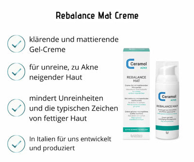 Infografik zur Ceramol ACN3 Rebalance Mat Gel-Creme für unreine, zu Akne neigende Haut, mit Faltschachtel und weißem Pumpspender.