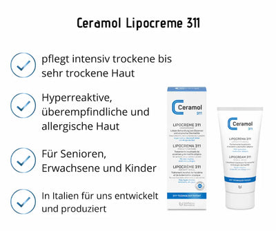 Ceramol Lipocreme 311 Tube und Verpackung mit Produktvorteilen: pflegt trockene Haut, für hyperreaktive Haut, alle Altersgruppen