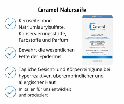 Ceramol 311 Naturseife Verpackung mit Infografik: Kernseife ohne Sulfate und Parfüm, für empfindliche und allergische Haut