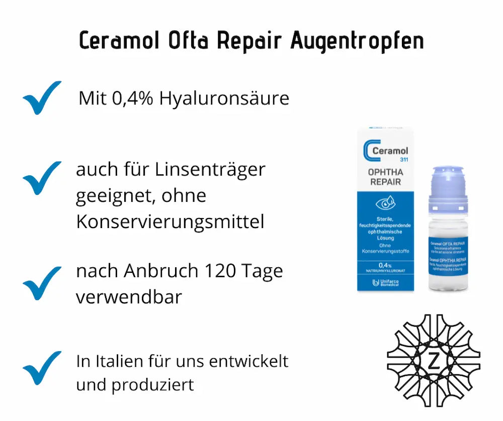 Ceramol Ofta Repair Augentropfen mit 0,4 % Natriumhyaluronat, Verpackung und Flasche neben Merkmalen wie für Linsenträger geeignet