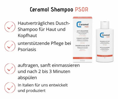 Ceramol PSOR Aktivshampoo für Haut und Kopfhaut, weiße Flasche und Faltschachtel mit Produktmerkmalen im Überblick