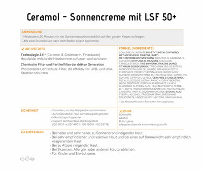 Ceramol Sonnencreme mit LSF 50+ Produktinformation mit Anwendung, Aktivstoffen, Inhaltsstoffen, Sicherheitshinweisen und Empfehlungen