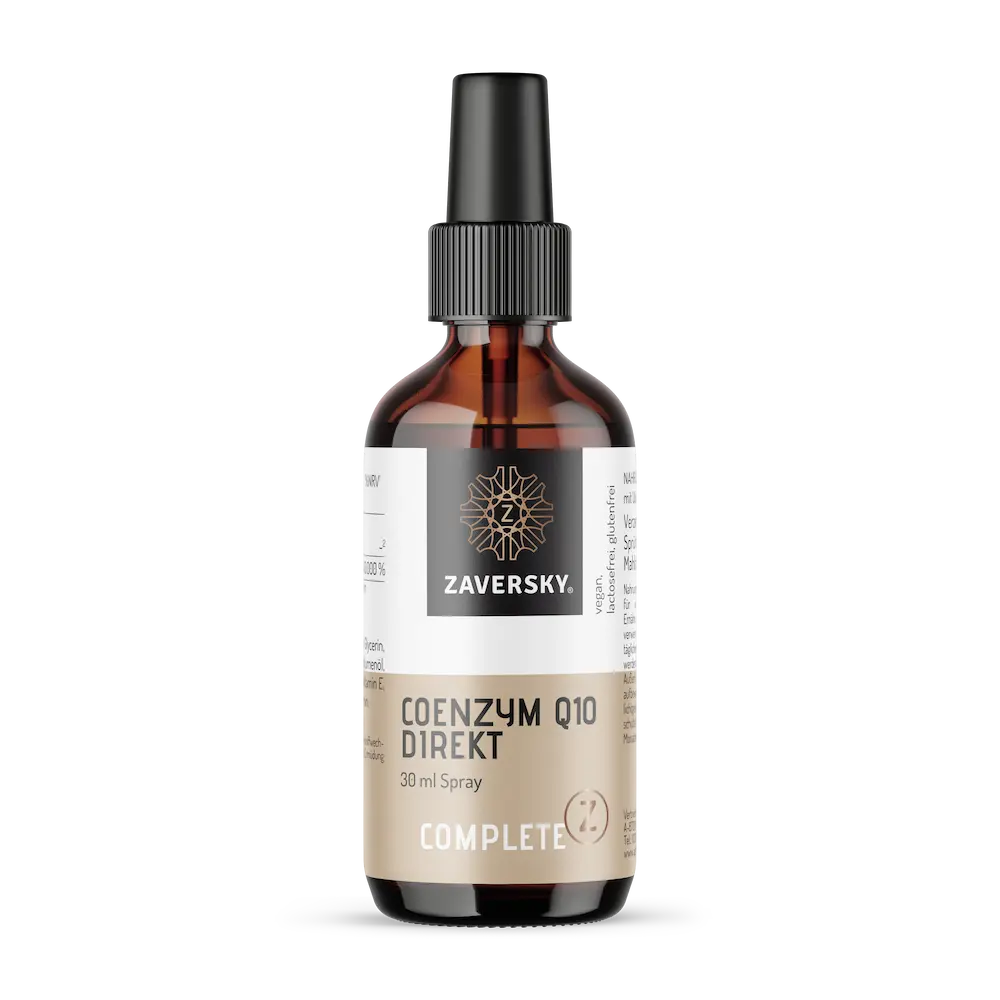 Zaversky Coenzym Q10 Direkt Complete 30 ml Spray in brauner Glasflasche mit schwarzem Sprühkopf, Vorderansicht