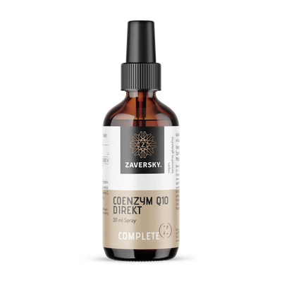 Zaversky Coenzym Q10 Direkt Complete 30 ml Spray in brauner Glasflasche mit schwarzem Sprühkopf, Vorderansicht