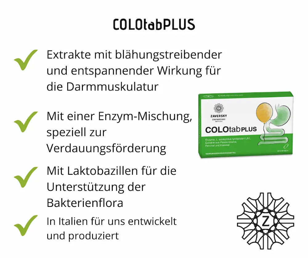 COLOtabPLUS Zaversky Stadtapotheke, grün-weiße Verpackung mit 30 Kapseln, Infografik mit Enzymen, Laktobazillen, Passionsblume, Fenchel und Kümmel zur Verdauungsförderung.