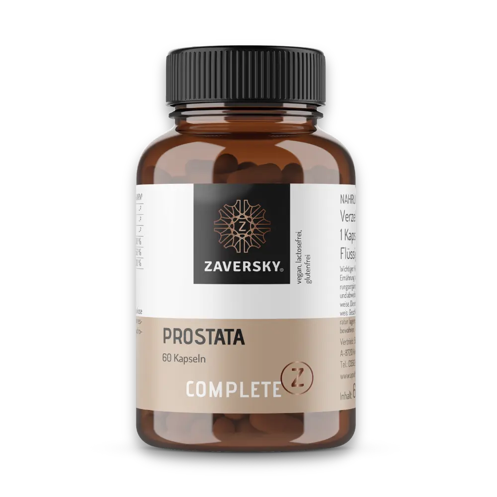 Braune Kapseldose Zaversky Complete Prostata mit 60 Kapseln, schwarzem Deckel und Etikett „vegan, lactosefrei, glutenfrei".