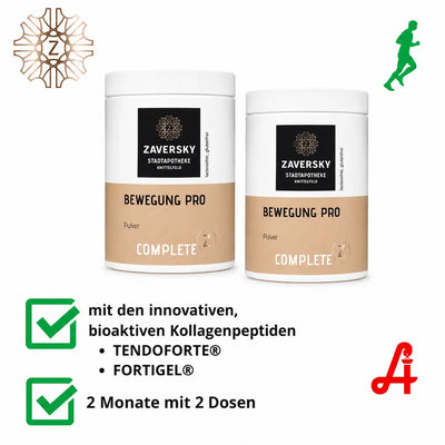Zaversky Complete Z Bewegung Pro Pulver, zwei Dosen mit Info zu Kollagenpeptiden Tendoforte und Fortigel, 2 Monate mit 2 Dosen.