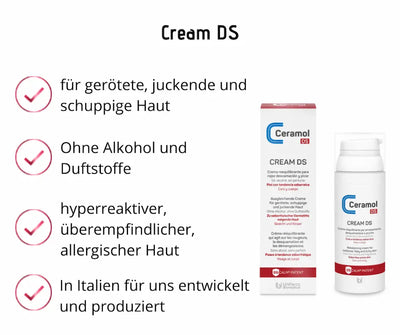 Ceramol DS Cream mit Faltschachtel und weißem Spender, Hinweise zu Anwendung bei geröteter, juckender und schuppiger Haut