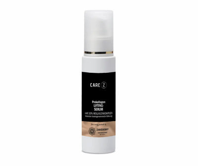 CARE Z Prokollagen Lifting-Serum mit 10% Kollagenkomplex, weiße Pumpflasche mit schwarzem Etikett und goldenem Streifen.
