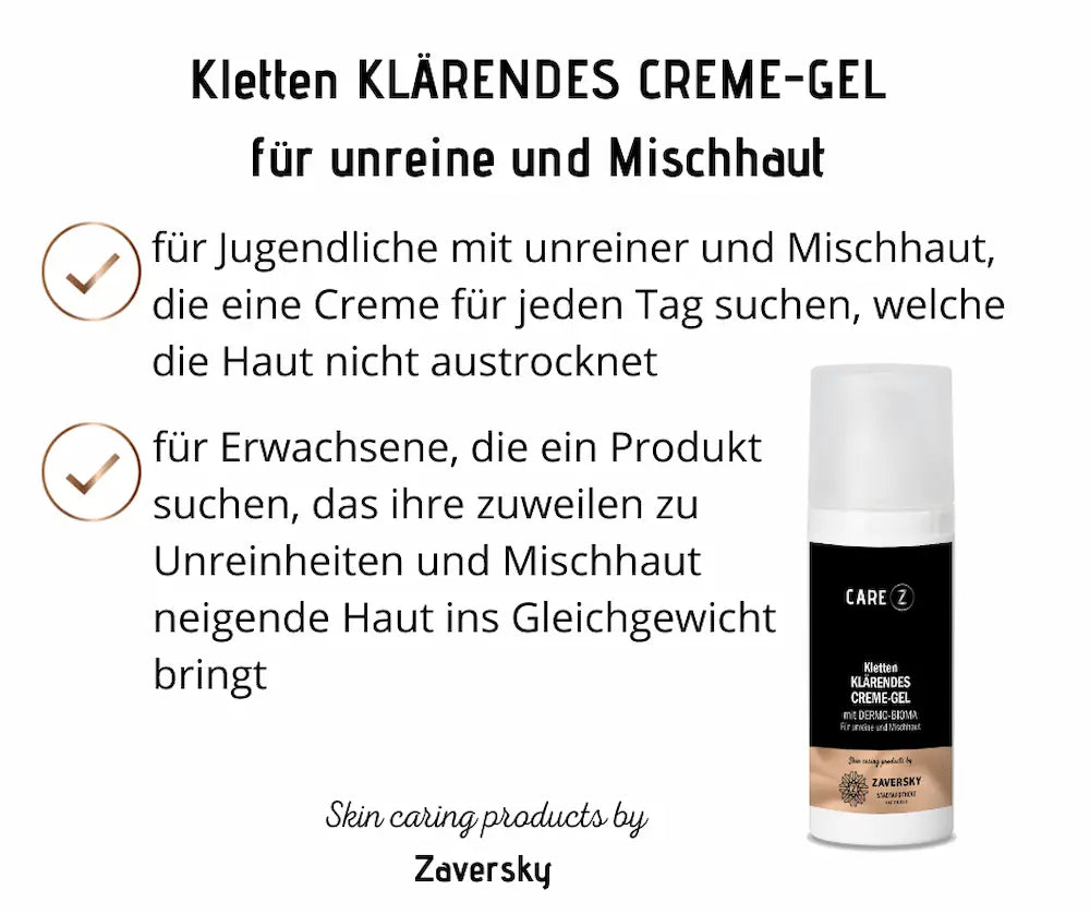 Infografik zum Klärenden Creme-Gel CARE Z von Zaversky in weißer Pumpflasche, für unreine und Mischhaut, mit Anwendungshinweisen