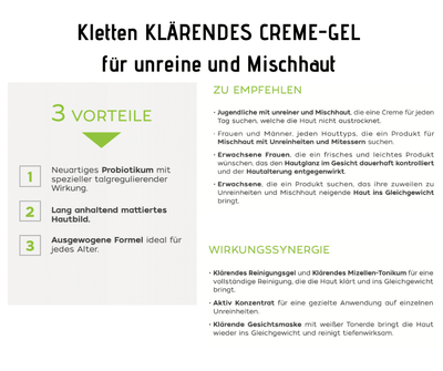 Infografik zum klärenden Creme-Gel für unreine und Mischhaut mit drei Vorteilen, Anwendungsempfehlungen und Hinweisen zur Wirkungssynergie