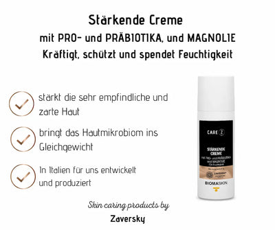 Stärkende Creme mit Pro- und Präbiotika und Magnolie im weißen Spender, mit Produktvorteilen und 72h Feuchtigkeit
