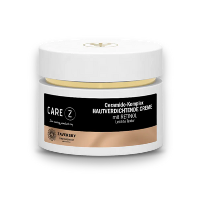 CARE Z Ceramide-Komplex Hautverdichtende Creme mit Retinol, leichte Textur, weißer Tiegel mit goldenem Deckelaufdruck.