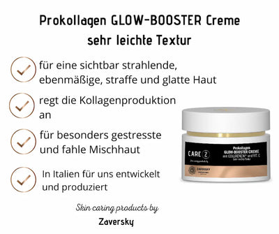 Care Z Prokollagen GLOW-BOOSTER Creme im weißen Tiegel, Infografik mit Produktvorteilen und sehr leichter Textur von Zaversky