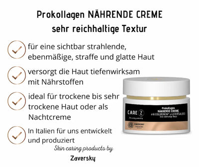 Care Z Prokollagen Nährende Creme im weißen Tiegel, Infografik mit Produktvorteilen und sehr reichhaltiger Textur