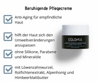 Dolomia Beruhigende Pflegecreme im schwarzen Tiegel, Infografik mit Anti-Aging für empfindliche Haut, ohne Silikone, Parabene und Mineralöle