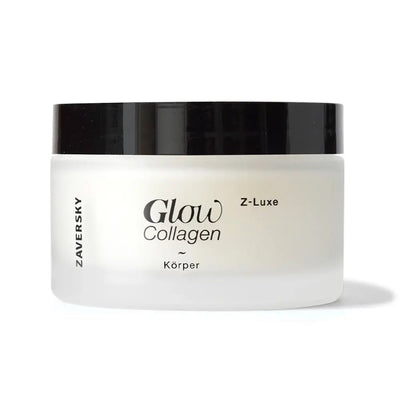  Zaversky Glow Collagen Körpercreme Z-Luxe im weißen Milchglas-Tiegel mit schwarzem Deckel, Vorderansicht