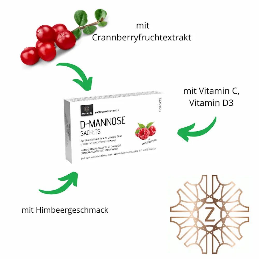 D-Mannose Sachets Zaversky mit Himbeergeschmack, Cranberryfruchtextrakt, Vitamin C und D3, Verpackung mit Z-Logo