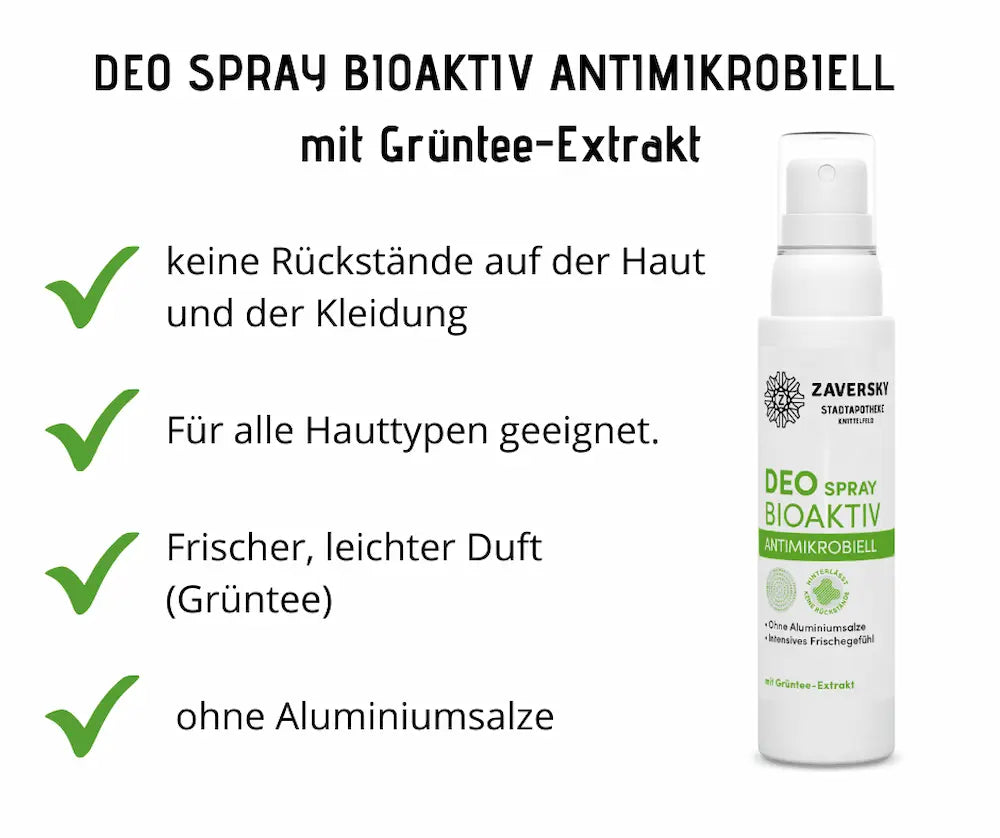 Deo Spray Bioaktiv Antimikrobiell mit Grüntee-Extrakt der Stadtapotheke Zaversky, weiße Sprühflasche mit Produktmerkmalen