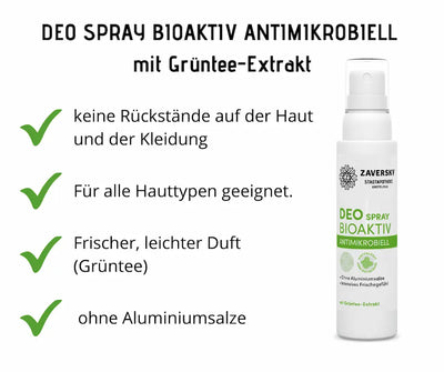 Deo Spray Bioaktiv Antimikrobiell mit Grüntee-Extrakt der Stadtapotheke Zaversky, weiße Sprühflasche mit Produktmerkmalen