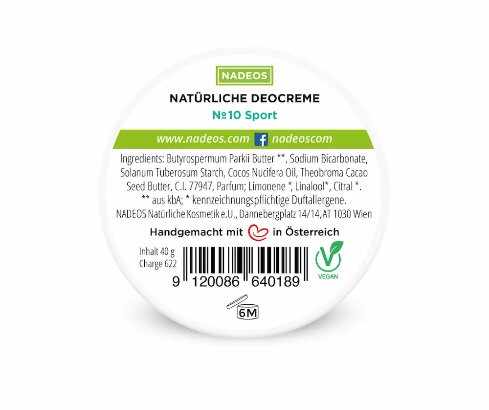 Runde weiße Dose NADEOS Natürliche Deocreme №10 Sport, Unterseite mit Inhaltsstoffen, Vegan-Logo und 40 g Inhalt