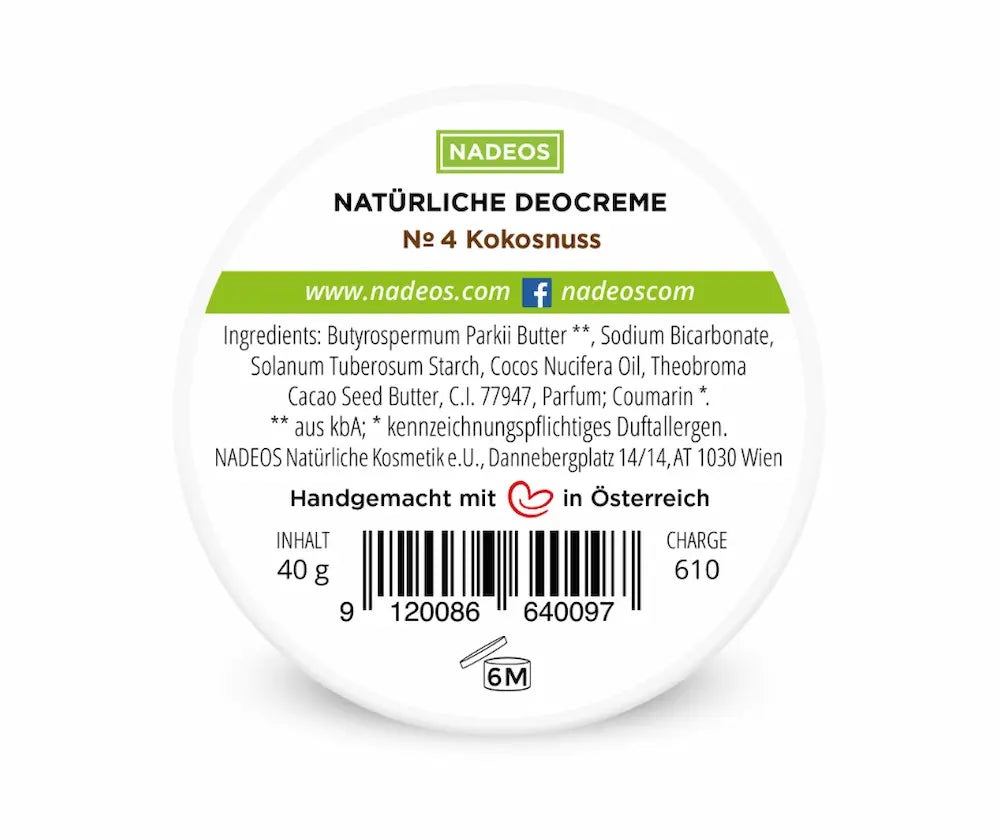 Rückseitiges Etikett der NADEOS Natürlichen Deocreme № 4 Kokosnuss mit Inhaltsstoffen, 40 g Füllmenge und Barcode