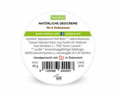 Rückseitiges Etikett der NADEOS Natürlichen Deocreme № 4 Kokosnuss mit Inhaltsstoffen, 40 g Füllmenge und Barcode