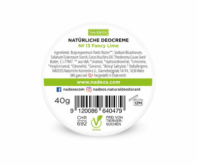 NADEOS Natürliche Deocreme N° 13 Fancy Lime in weißer runder Dose, 40 g, vegan, Draufsicht mit Etikett und Inhaltsstoffen