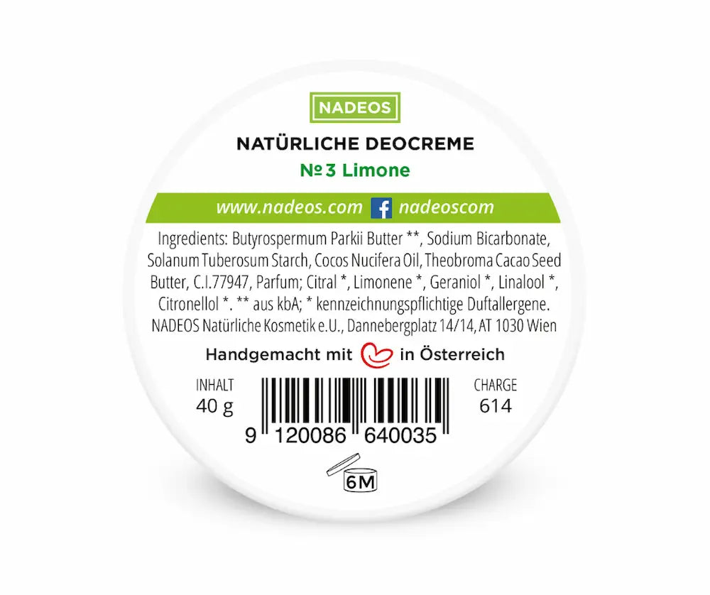 Rundes weißes Etikett der NADEOS Natürlichen Deocreme № 3 Limone mit Inhaltsstoffen, Barcode und 40 g Füllmenge