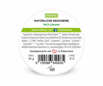 Rundes weißes Etikett der NADEOS Natürlichen Deocreme № 3 Limone mit Inhaltsstoffen, Barcode und 40 g Füllmenge