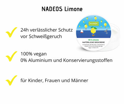 NADEOS Nº 3 Limone natürliche Deocreme im weißen Tigel mit Infografik: 24h Schutz, 100% vegan, ohne Aluminium, für die ganze Familie