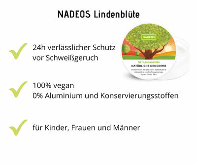 NADEOS Lindenblüte natürliche Deocreme im geöffneten Tiegel mit Baummotiv und Infografik zu 24h Schutz, vegan und für alle