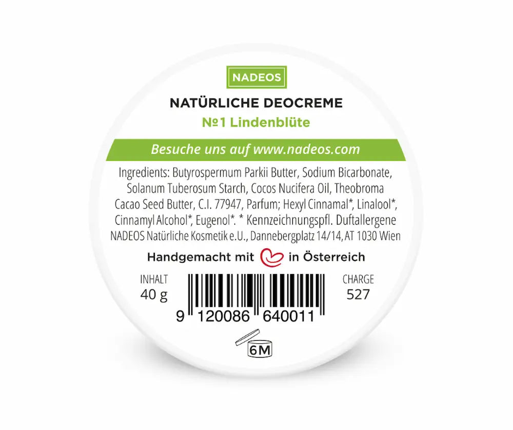NADEOS Natürliche Deocreme №1 Lindenblüte, weißer runder Dosendeckel mit grünen Akzenten, Zutatenliste und 40 g Füllmenge
